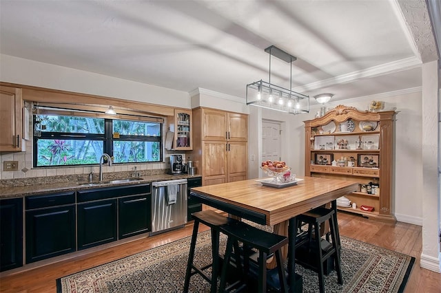 kitchen with a sink, stainless steel dishwasher, light wood finished floors, dark countertops, and glass insert cabinets