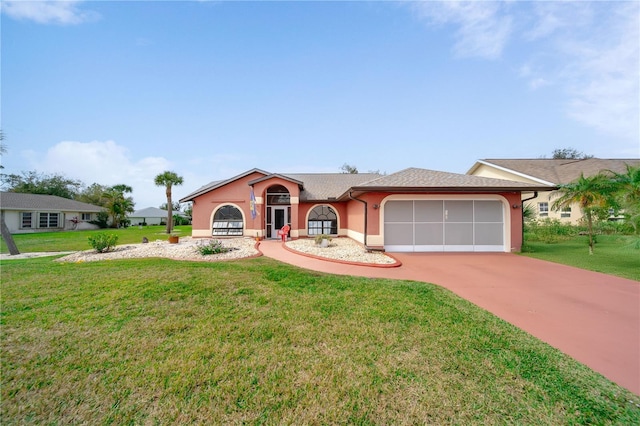 single story home with a garage and a front yard