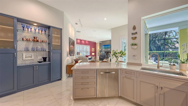 bar with marble finish floor, stainless steel dishwasher, a sink, and recessed lighting