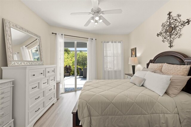 8956 Stone Harbour Loop, Bradenton, FL 34212 - bedroom featuring access to outside, ceiling fan, and light wood-style flooring