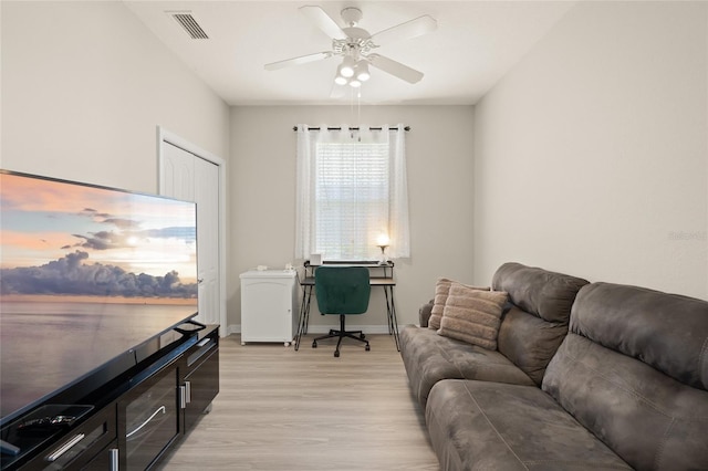 8956 Stone Harbour Loop, Bradenton, FL 34212 - office area with a ceiling fan, baseboards, visible vents, and light wood-type flooring