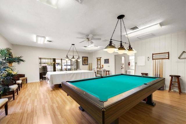 game room featuring pool table, light hardwood / wood-style flooring, and ceiling fan