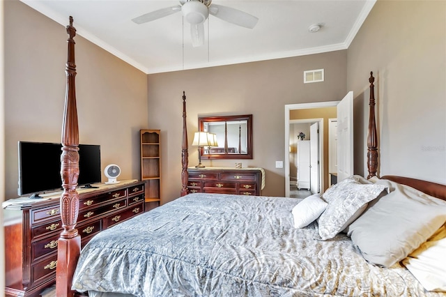 bedroom with a ceiling fan, visible vents, and crown molding