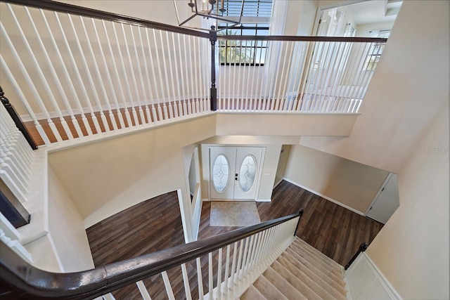 entryway featuring a healthy amount of sunlight, a high ceiling, and wood finished floors