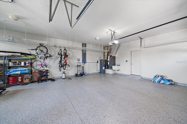 garage with electric panel, water heater, baseboards, and a garage door opener