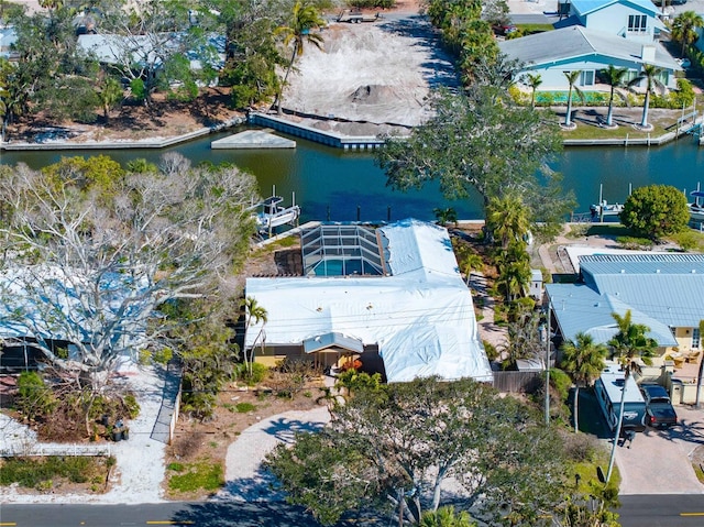 drone / aerial view with a water view