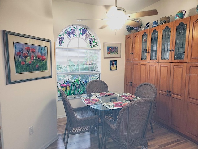 dining room with ceiling fan and dark wood-type flooring