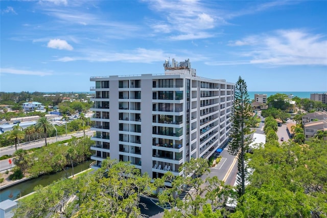 view of building exterior featuring a water view