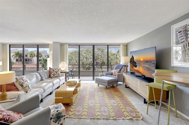6415 Midnight Pass Rd Unit 211, Sarasota, FL 34242 - carpeted living room with a textured ceiling and a wall of windows