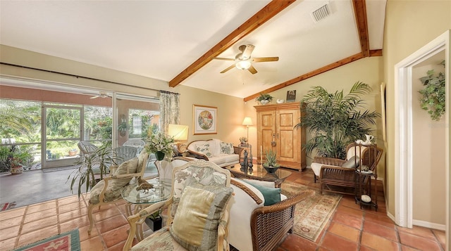 living area with vaulted ceiling with beams, baseboards, visible vents, and a ceiling fan