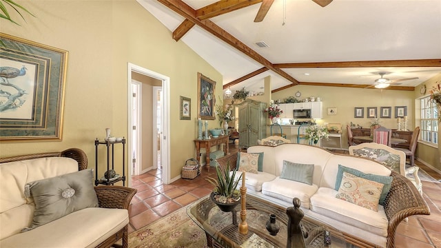 living room with light tile patterned floors, visible vents, baseboards, lofted ceiling with beams, and ceiling fan