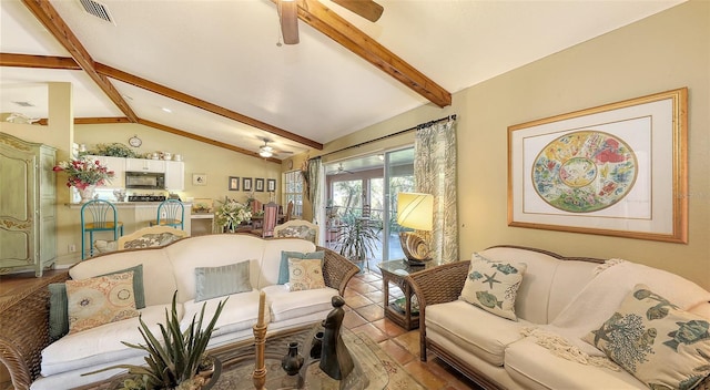 living room featuring lofted ceiling with beams, ceiling fan, wood finished floors, and visible vents