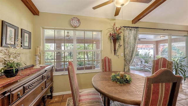 dining room featuring ceiling fan, baseboards, and beam ceiling