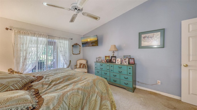 carpeted bedroom with ceiling fan, baseboards, and vaulted ceiling