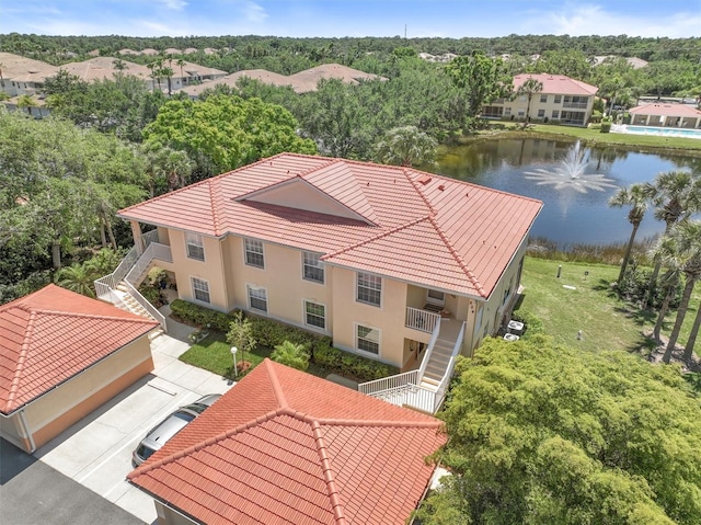 drone / aerial view featuring a water view