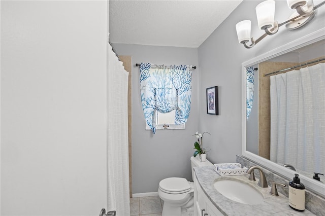 bathroom featuring a textured ceiling, tile patterned flooring, toilet, vanity, and an inviting chandelier