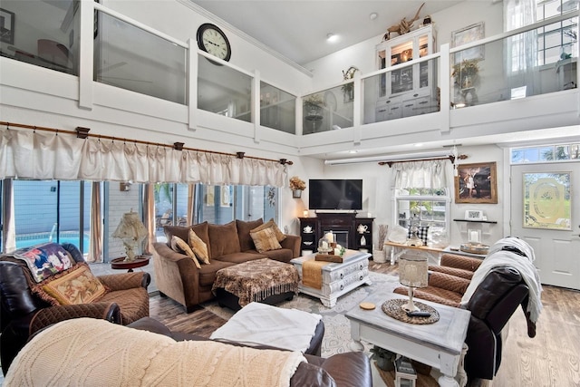 living room with hardwood / wood-style flooring and a towering ceiling