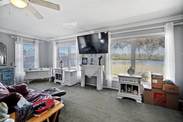 carpeted living room featuring crown molding, ceiling fan, and a textured ceiling