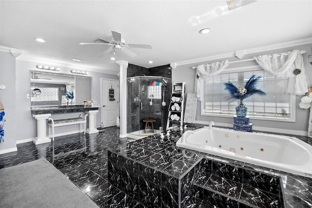 bathroom featuring a textured ceiling, ornamental molding, plus walk in shower, and ceiling fan