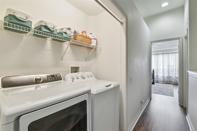 laundry room with recessed lighting, laundry area, baseboards, dark wood-style floors, and washing machine and clothes dryer