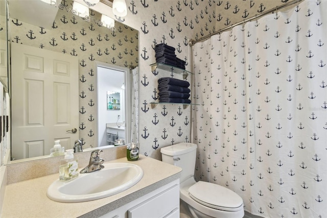 full bath featuring toilet, wallpapered walls, curtained shower, and vanity