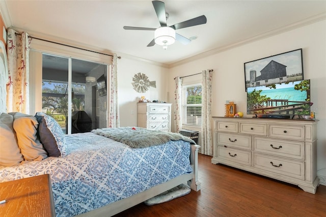 bedroom featuring access to exterior, crown molding, dark wood-type flooring, and ceiling fan