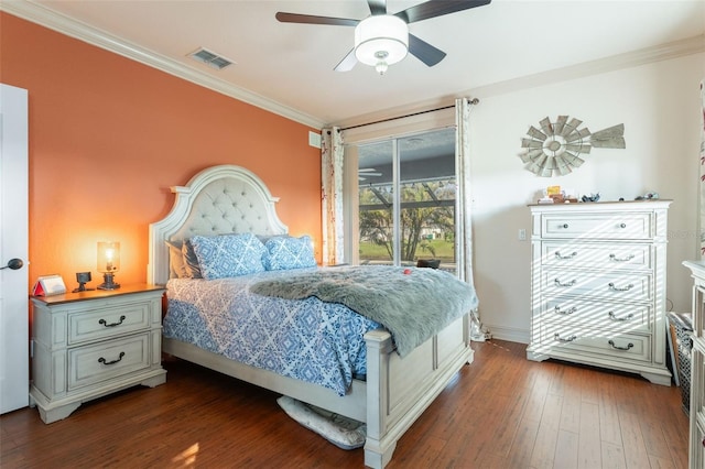 bedroom with dark wood-type flooring, ceiling fan, ornamental molding, and access to outside