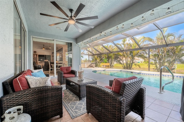 exterior space featuring ceiling fan