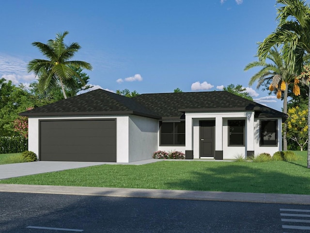 view of front of property with a garage, concrete driveway, roof with shingles, stucco siding, and a front lawn