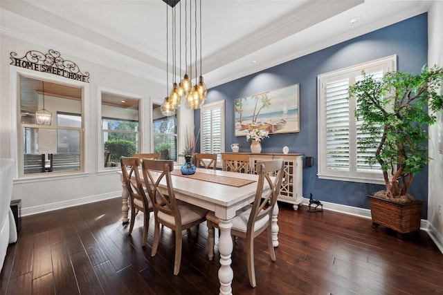 dining space with dark wood-style floors, baseboards, a raised ceiling, and crown molding