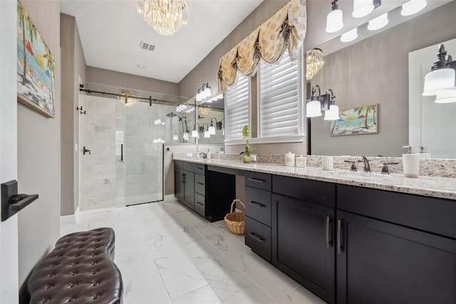 full bath with a chandelier, visible vents, marble finish floor, double vanity, and a stall shower