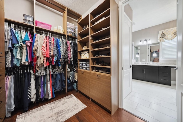 walk in closet with a sink and wood finished floors