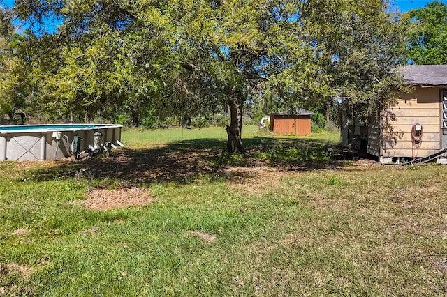 view of yard featuring an outdoor pool, a storage unit, and an outdoor structure