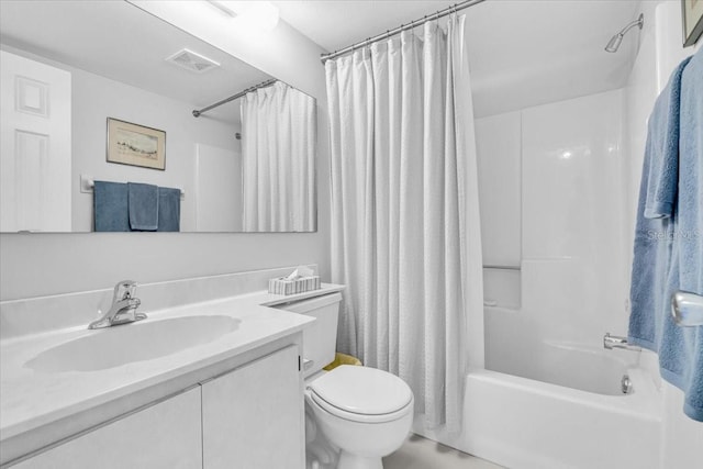 full bath with shower / bath combination with curtain, visible vents, vanity, and toilet