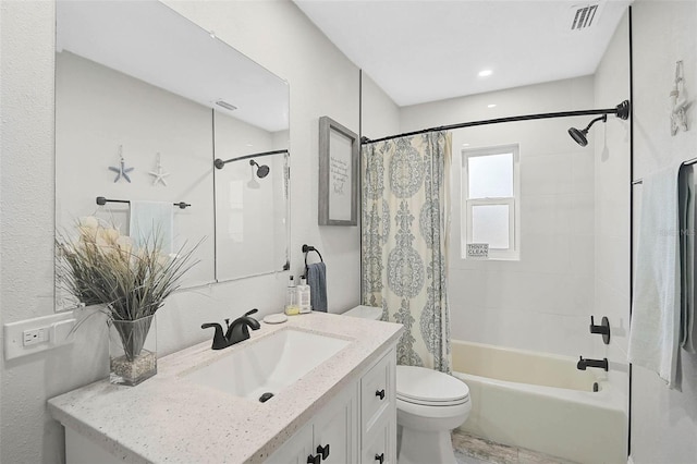 bathroom with visible vents, shower / bathtub combination with curtain, toilet, and vanity