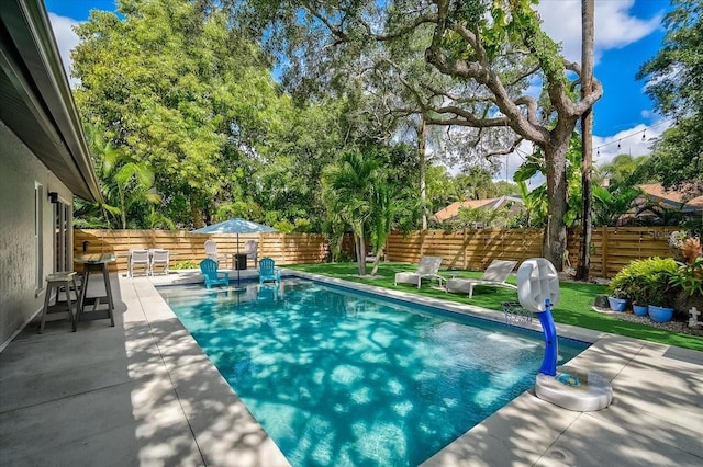 view of pool with a fenced in pool, a fenced backyard, and a patio