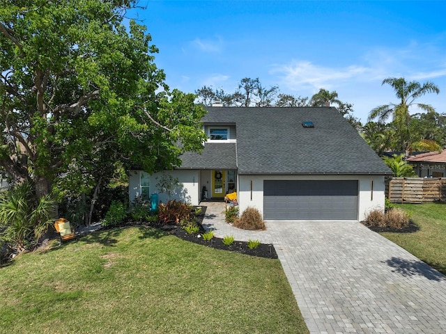 view of front of house with a garage, a front yard, decorative driveway, and fence