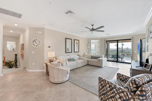 living room featuring light tile patterned floors, visible vents, ornamental molding, a ceiling fan, and baseboards