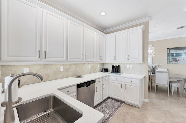 kitchen featuring a sink, visible vents, white cabinetry, ornamental molding, and dishwasher