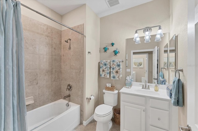 bathroom with shower / tub combo, baseboards, visible vents, toilet, and vanity