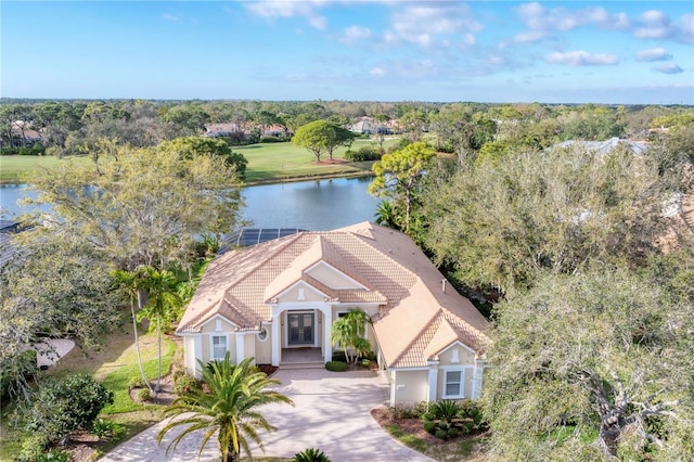 bird's eye view with a water view