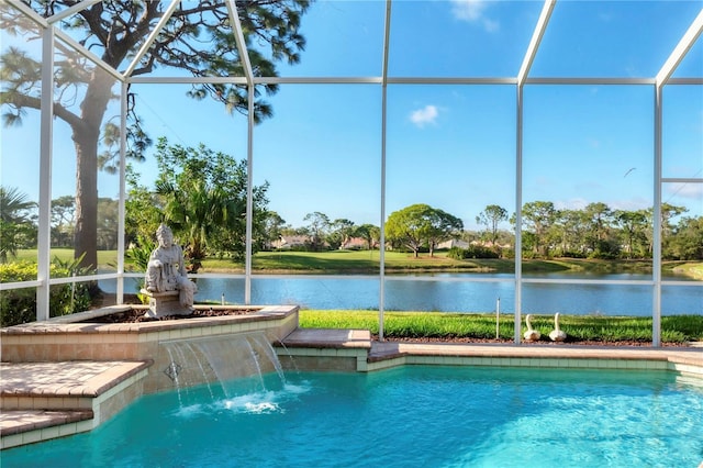 outdoor pool featuring a lanai and a water view