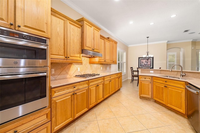 12211 Lavender Loop, Bradenton, FL 34212 - kitchen featuring appliances with stainless steel finishes, a sink, a chandelier, crown molding, and under cabinet range hood