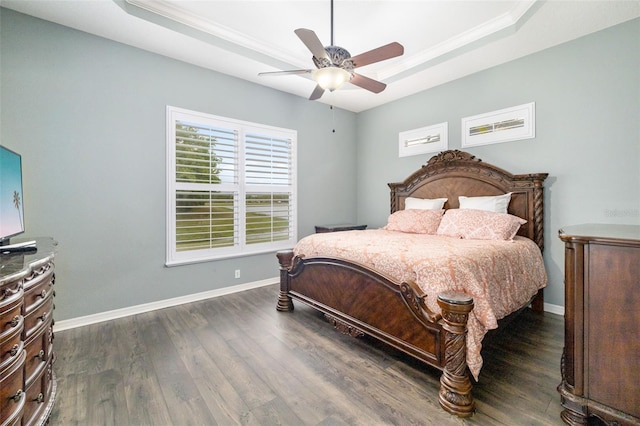 12211 Lavender Loop, Bradenton, FL 34212 - bedroom with a raised ceiling, wood finished floors, baseboards, ornamental molding, and ceiling fan