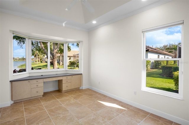 4941 Sabal Lake Cir, Sarasota, FL 34238 - unfurnished office with built in desk, crown molding, a ceiling fan, light tile patterned floors, and recessed lighting
