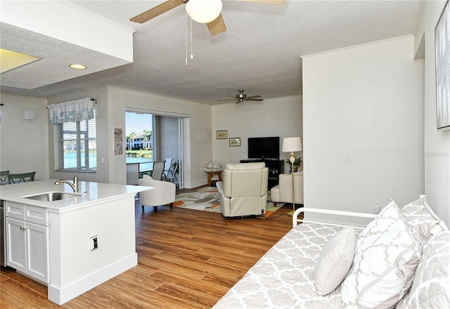living area with light wood-style floors, a textured ceiling, and baseboards