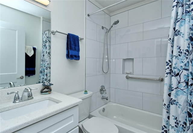 bathroom featuring toilet, shower / tub combo with curtain, and vanity
