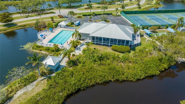 aerial view featuring a water view