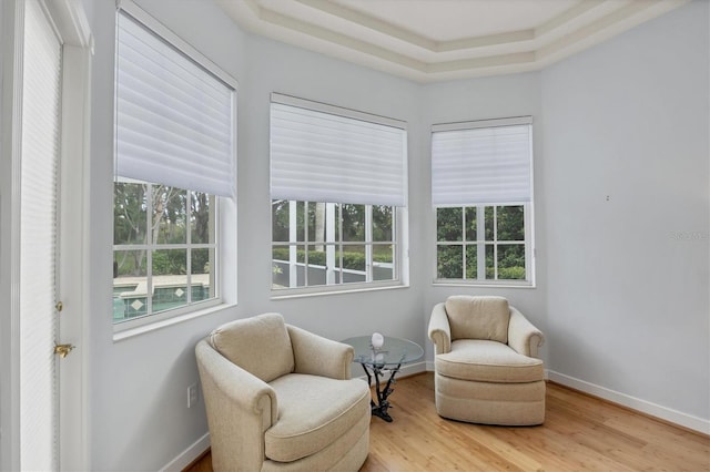 living area featuring wood finished floors and baseboards