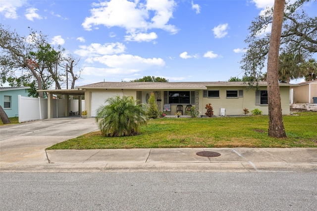 single story home with a front lawn, a carport, and a garage